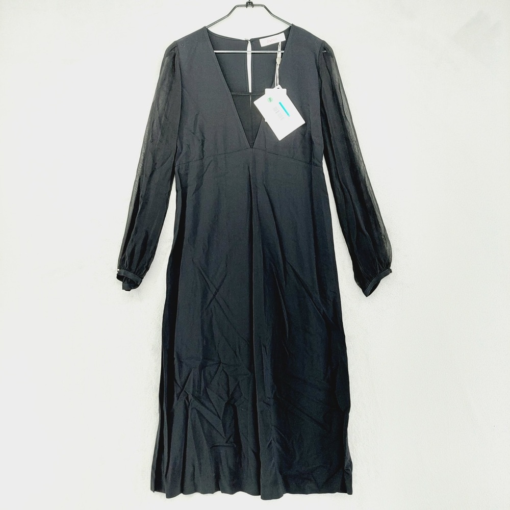 NEW Jucca Black Nero Deep V-Neck Long Sleeve Midi Dress P1386